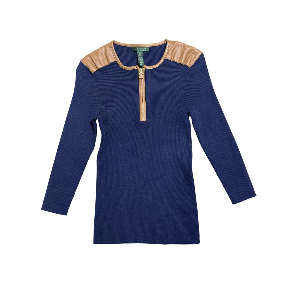 Lauren Ralph Lauren Sweater Womens Medium Blue Faux Leather‎ 1/4 Zip Pullover